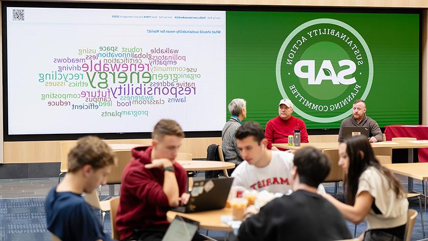 Sustainability Action Planning Committee word art on display in the Dyson Center Atrium. Photo by Nelson Echeverria/Marist College.